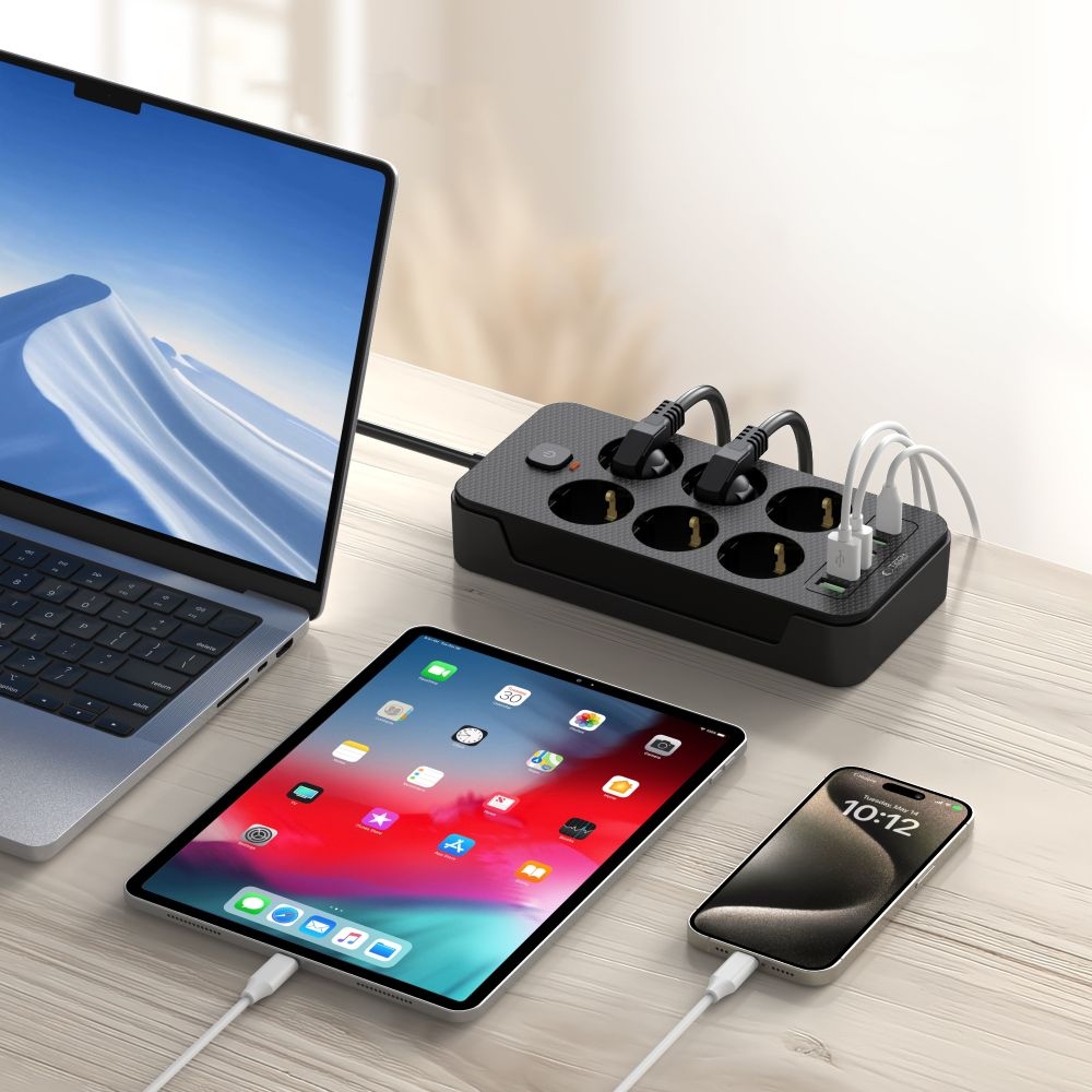 Tech-Protect PC6X6 hosszabbító kábel 6 aljzattal 3 USB-A és 3 USB-C 2 m - fekete