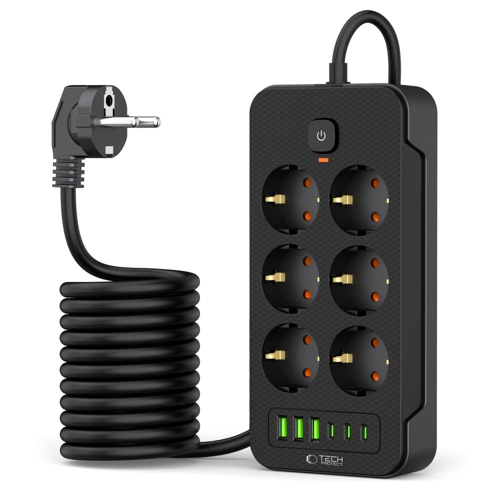 Tech-Protect PC6X6 hosszabbító kábel 6 aljzattal 3 USB-A és 3 USB-C 2 m - fekete