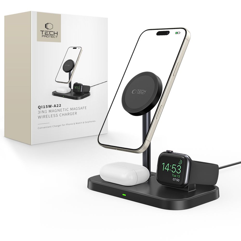 Tech-Protect QI15W-A22 3 az 1-ben töltőállvány MagSafe-vel - fekete