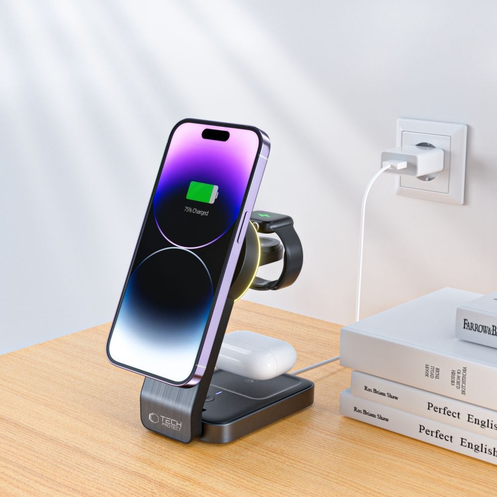 Tech-Protect QI15W-A28 3 az 1-ben utazási töltőállvány MagSafe-vel - Fekete
