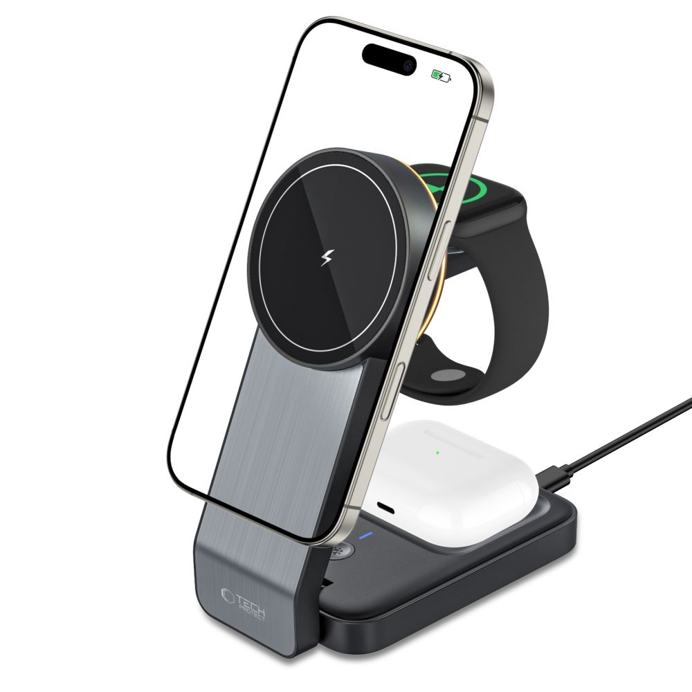 Tech-Protect QI15W-A28 3 az 1-ben utazási töltőállvány MagSafe-vel - Fekete