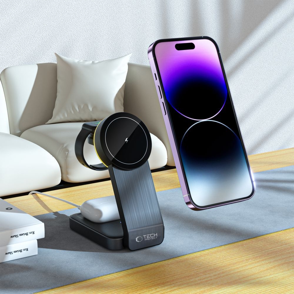 Tech-Protect QI15W-A28 3 az 1-ben utazási töltőállvány MagSafe-vel - Fekete