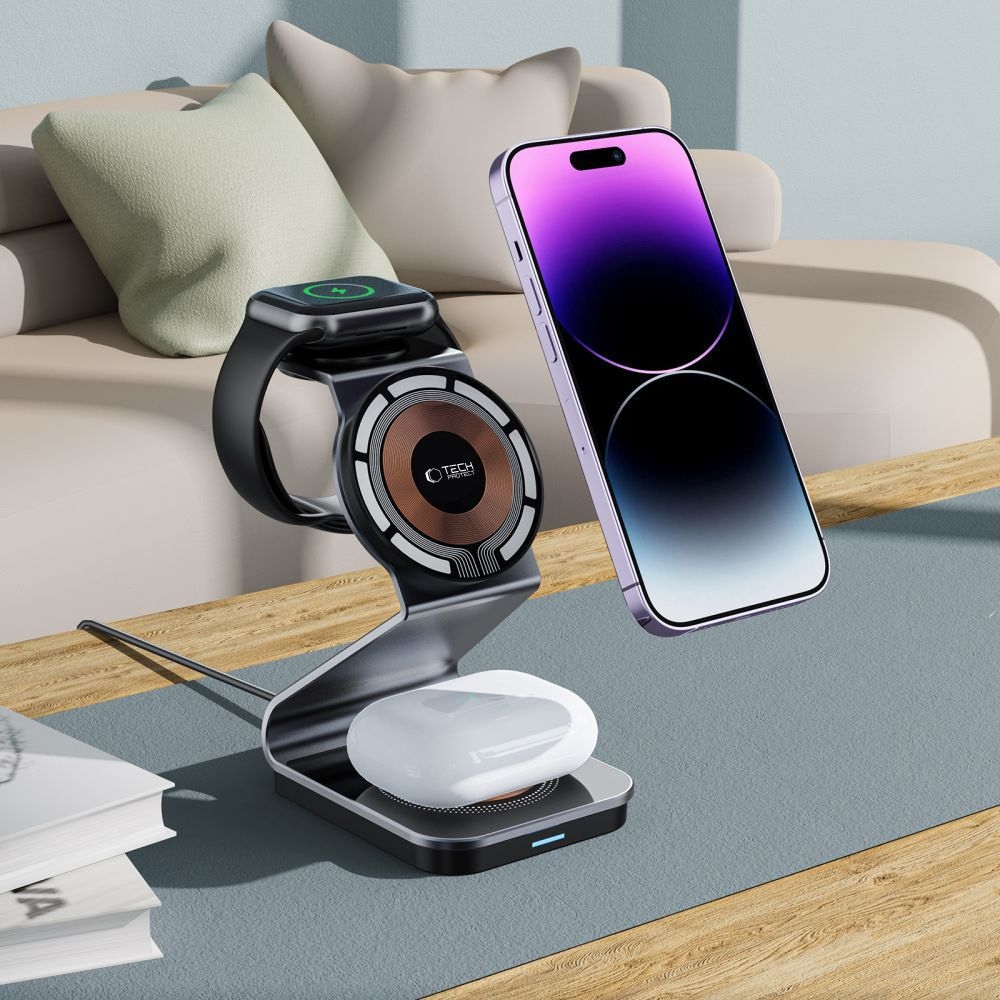 Tech-Protect QI15W-A29 3 az 1-ben utazási töltőállvány MagSafe-vel - Fekete