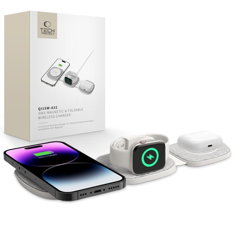 Tech-Protect QI15W-A32 3 az 1-ben utazási töltőállvány MagSafe-rel - szürke