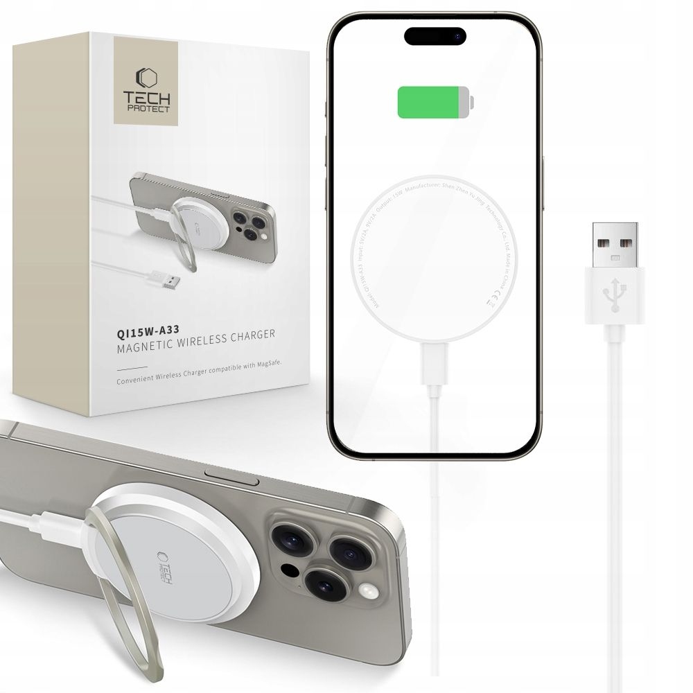 Tech-Protect QI15W-A33 vezeték nélküli MagSafe töltő állvánnyal - fehér színben