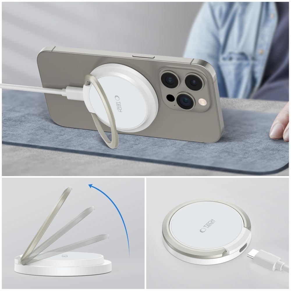 Tech-Protect QI15W-A33 vezeték nélküli MagSafe töltő állvánnyal - fehér színben