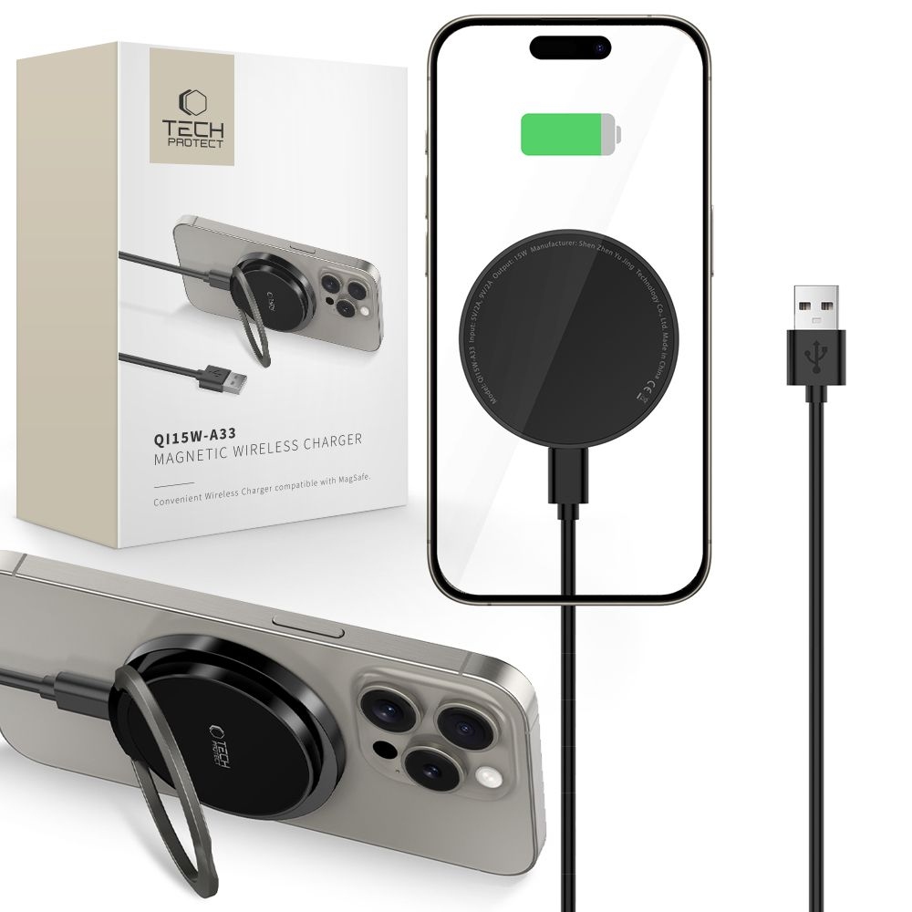 Tech-Protect QI15W-A33 vezeték nélküli MagSafe töltő állvánnyal - Fekete