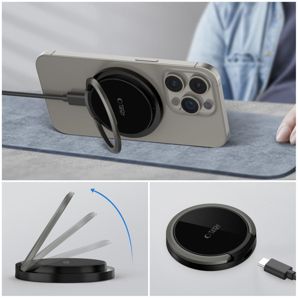 Tech-Protect QI15W-A33 vezeték nélküli MagSafe töltő állvánnyal - Fekete