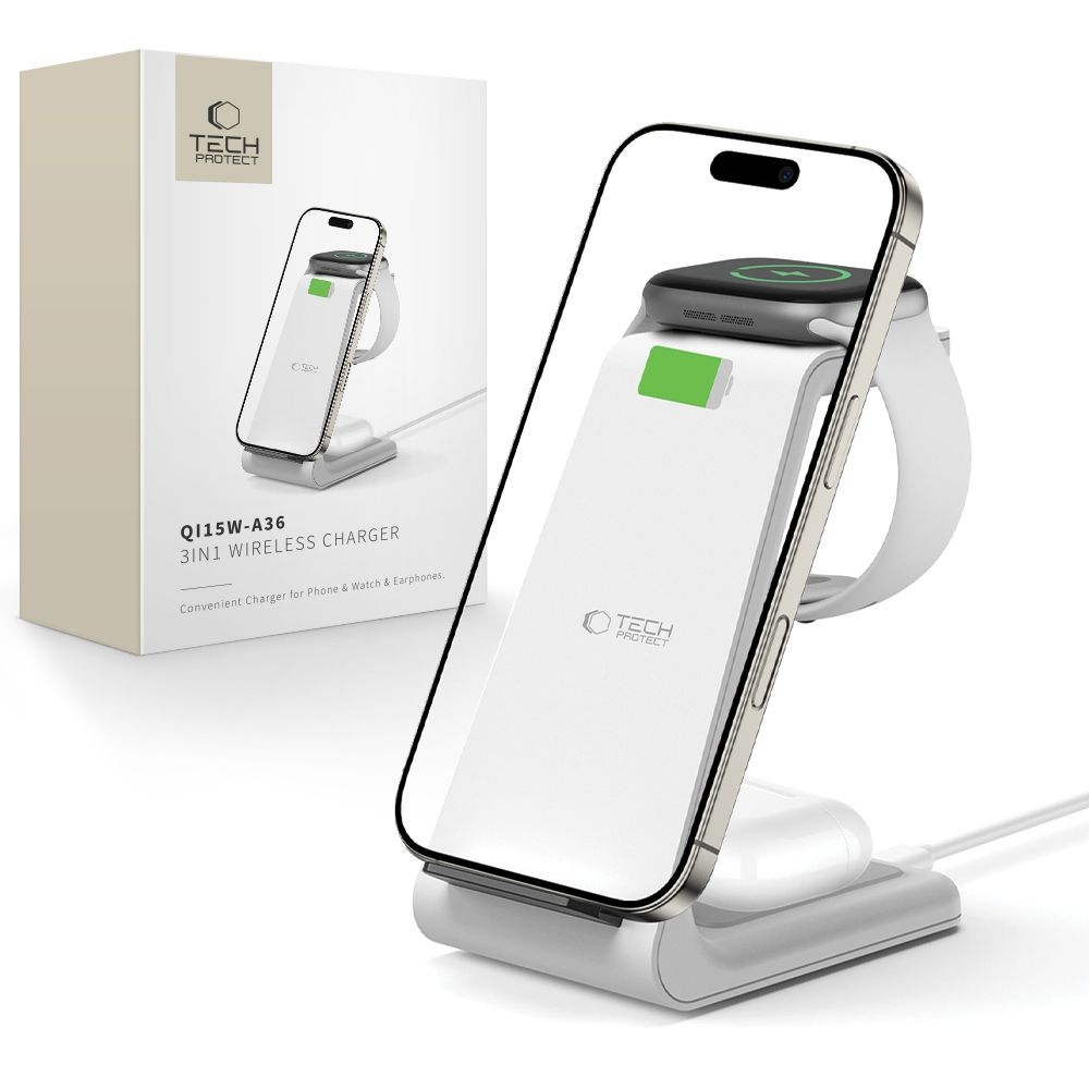 Tech-Protect QI15W-A36 3 az 1-ben töltőállvány Apple iPhone, Watch és AirPods készülékekhez - Fehér színben
