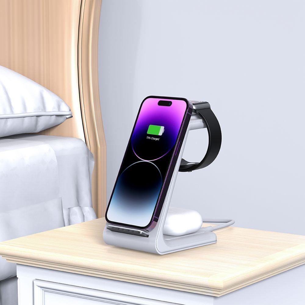 Tech-Protect QI15W-A36 3 az 1-ben töltőállvány Apple iPhone, Watch és AirPods készülékekhez - Fehér színben