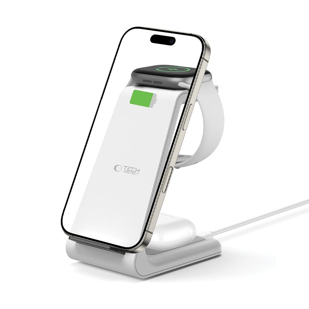 Tech-Protect QI15W-A36 3 az 1-ben töltőállvány Apple iPhone, Watch és AirPods készülékekhez - Fehér színben