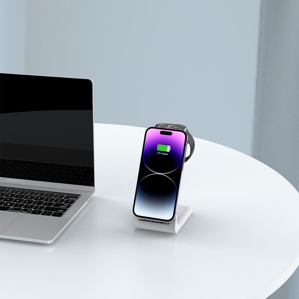 Tech-Protect QI15W-A36 3 az 1-ben töltőállvány Apple iPhone, Watch és AirPods készülékekhez - Fehér színben