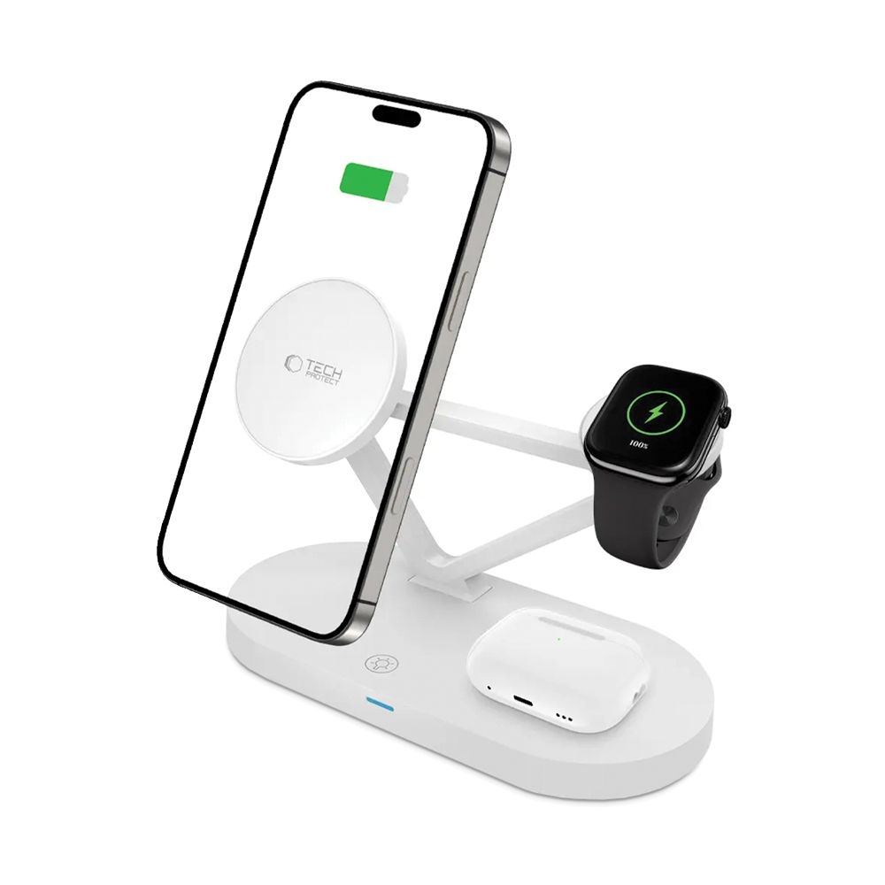Tech-Protect QI15W-A41 3in1 vezeték nélküli MagSafe töltőállvány - Fehér színben