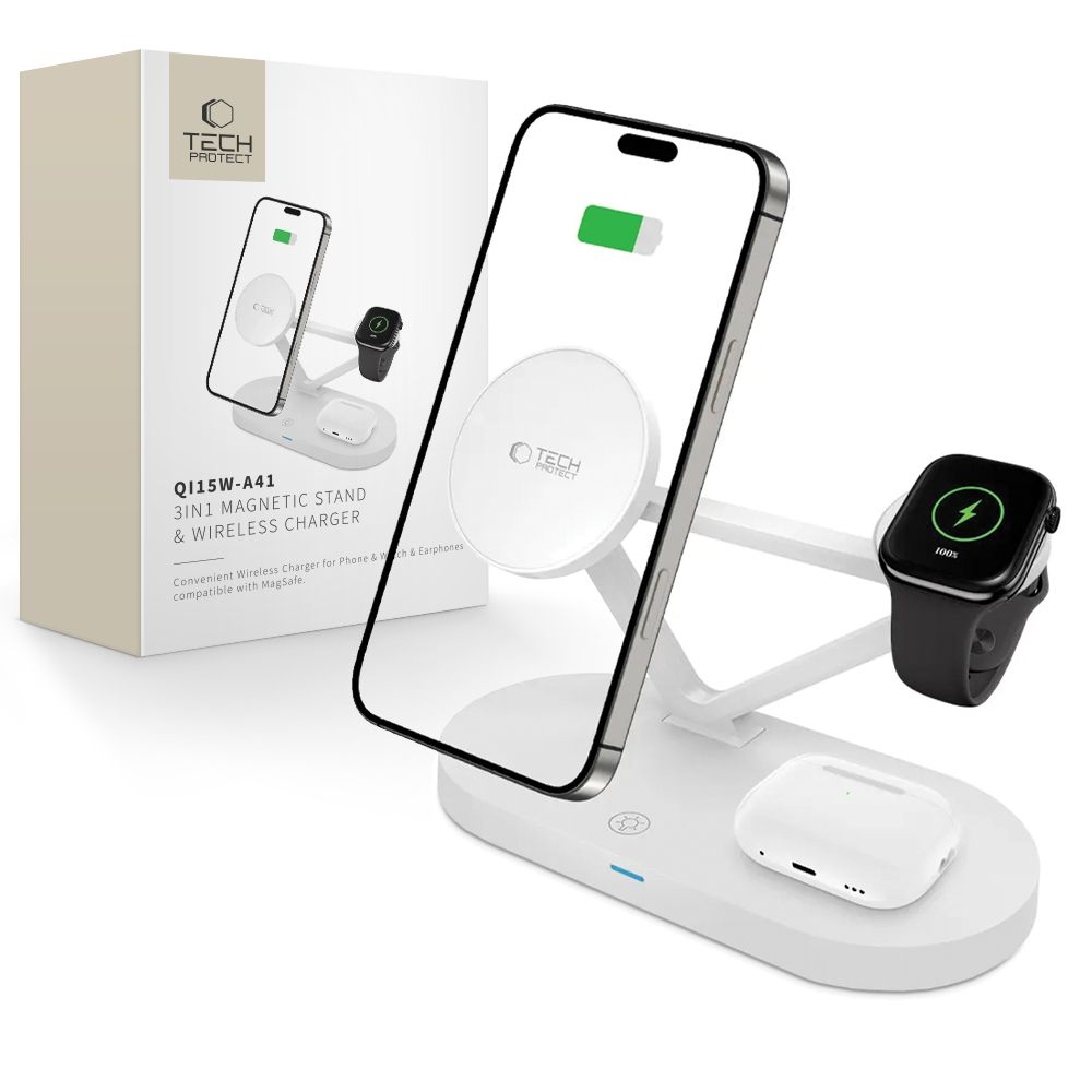 Tech-Protect QI15W-A41 3in1 vezeték nélküli MagSafe töltőállvány - Fehér színben