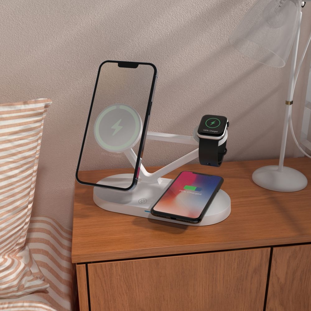Tech-Protect QI15W-A41 3in1 vezeték nélküli MagSafe töltőállvány - Fehér színben