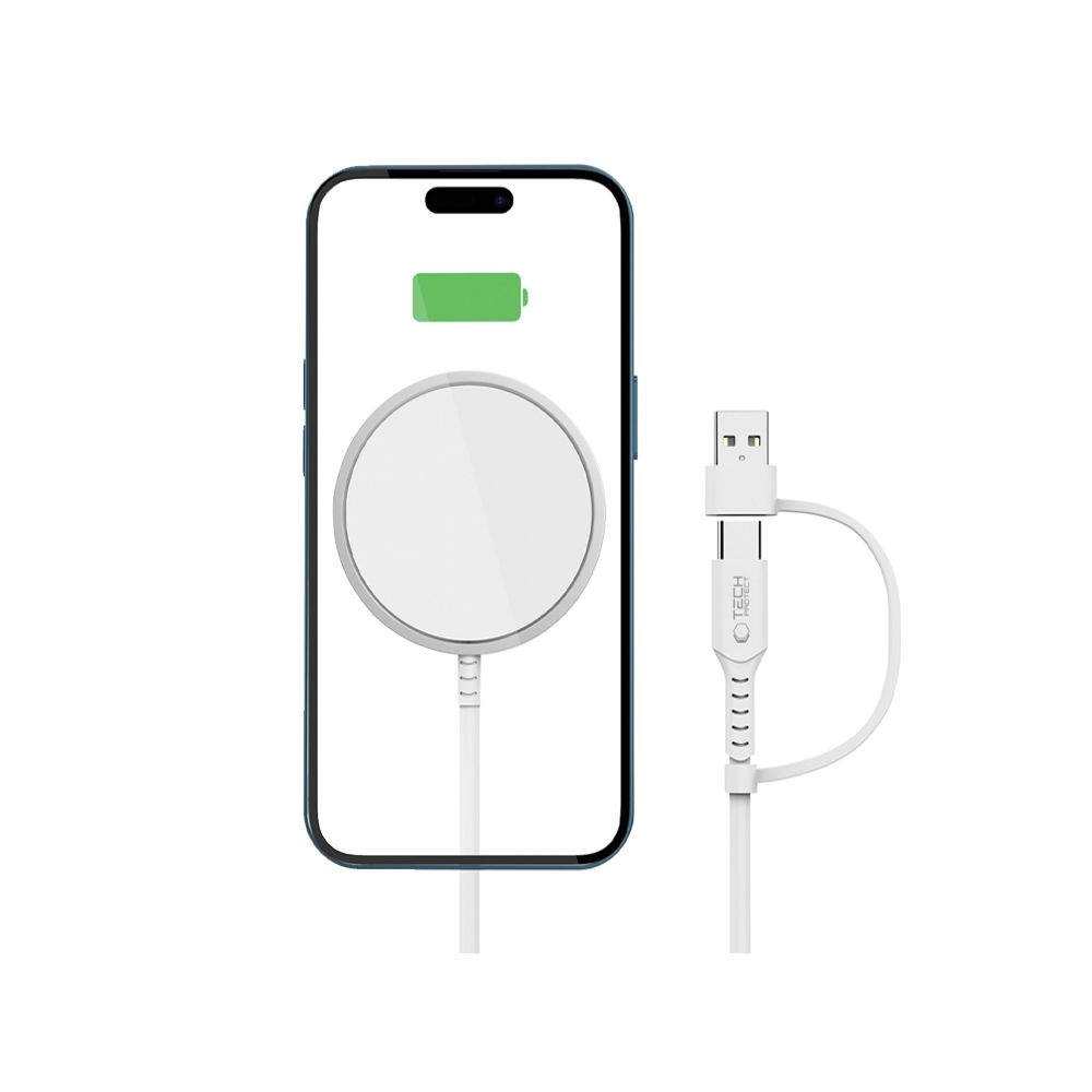 Tech-Protect QI15W-A44 vezeték nélküli MagSafe töltő USB-C és USB-A csatlakozóval - fehér színben