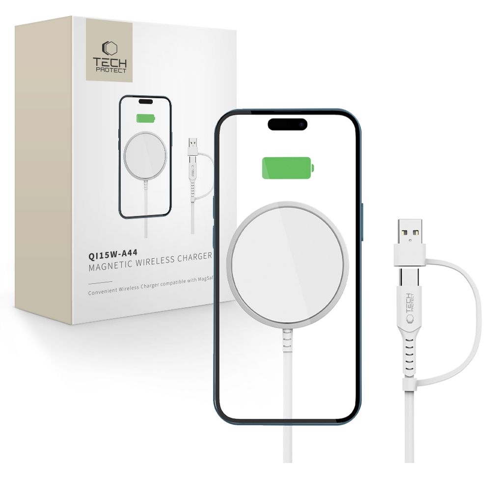 Tech-Protect QI15W-A44 vezeték nélküli MagSafe töltő USB-C és USB-A csatlakozóval - fehér színben