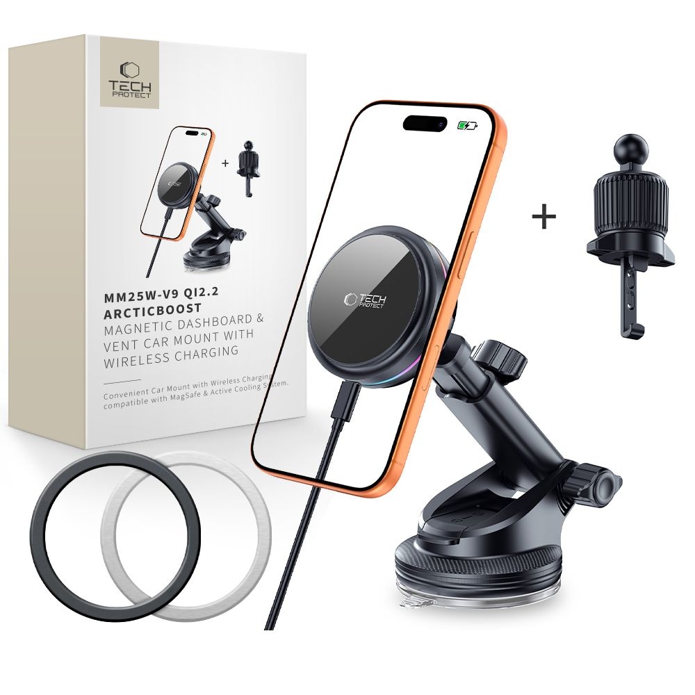 Tech-Protect V9 ArcticBoost MagSafe autós tartó Qi2.2 25W vezeték nélküli töltéssel - Fekete