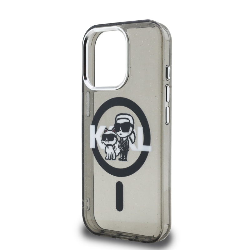 Karl Lagerfeld IML Glitter Karl és Choupette Sketch MagSafe hátlap iPhone 15 Pro Max-hoz Fekete