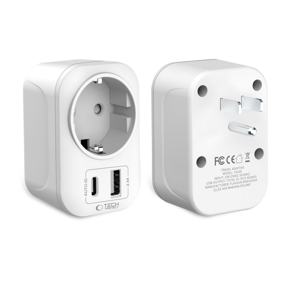 Tech-Protect TA100 EU-USA utazóadapter USB-C és USB-A csatlakozóval