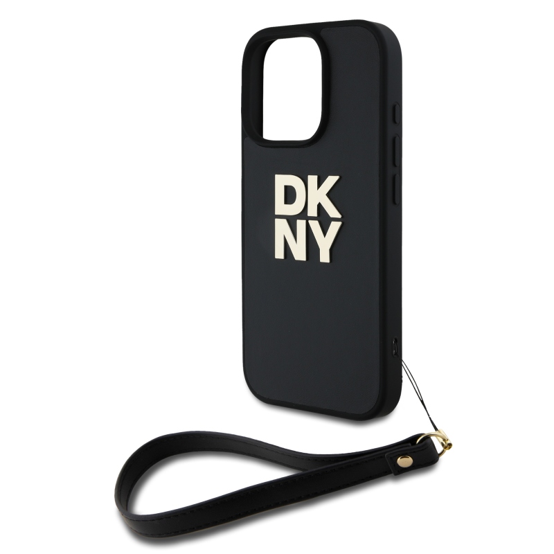 DKNY PU bőr Stack Logo csuklópánt hátlapi borító iPhone 16 Pro Max-hoz Fekete