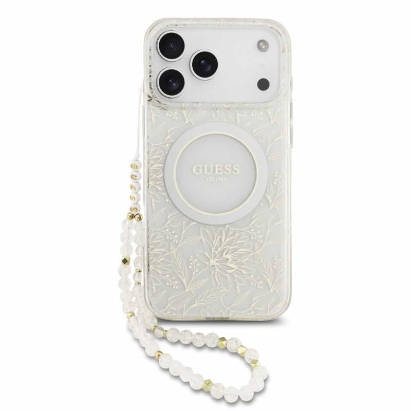 Guess IML Flowers Allover Strap MagSafe hátsó tok iPhone 18 Pro Max-hoz, fehér