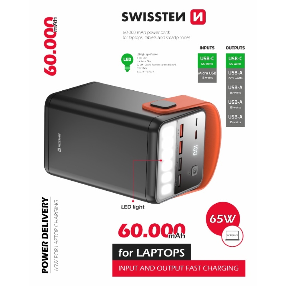 Swissten Powerbank POWER LINE 65W 60000mAh
