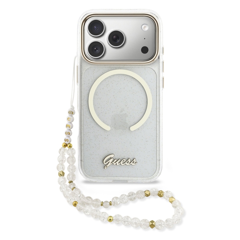 Guess IML Glitter Script Script Strap MagSafe hátlap iPhone 17 Pro átlátszóhoz