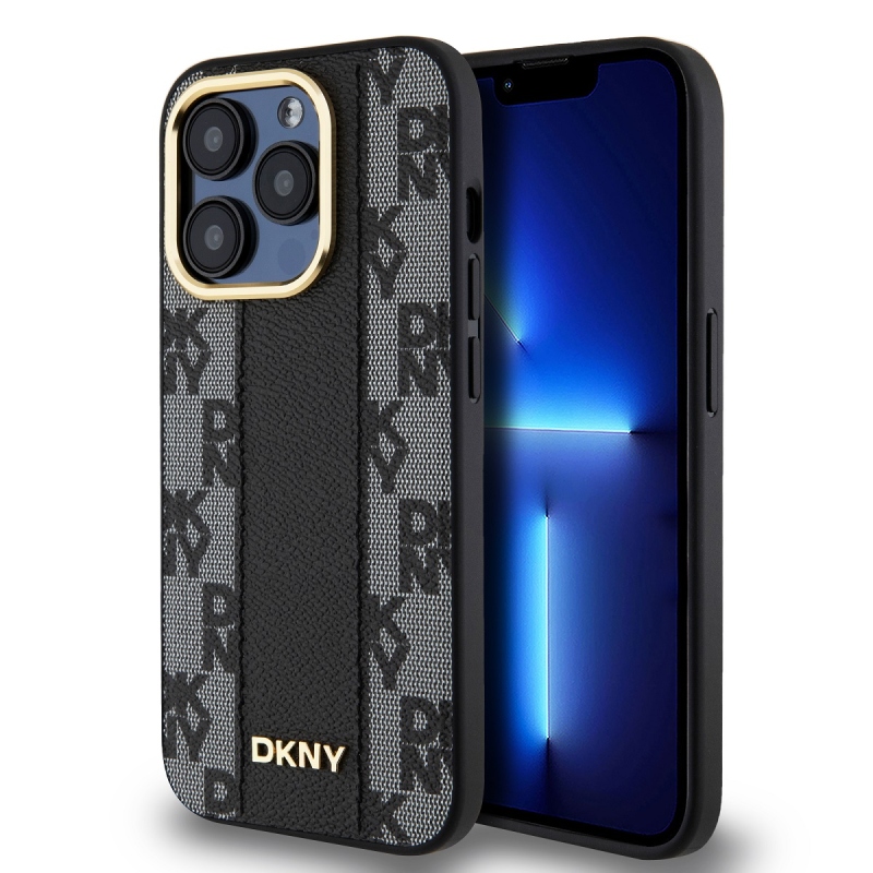 DKNY PU bőr kockás mintás Magsafe hátlap iPhone 15 Pro Fekete
