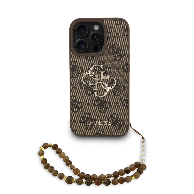 Guess PU 4G fém logós pántos hátlap iPhone 16 Pro barna színű iPhone 16 Pro-hoz barna