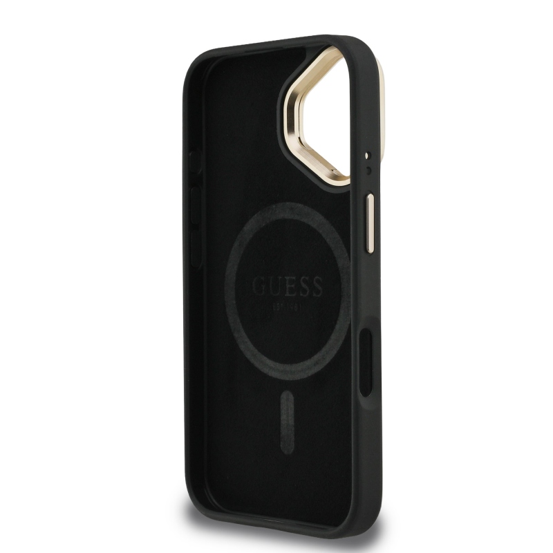 Guess PU 4G Strass háromszög logó állvány kamerakeret MagSafe hátlapi borító iPhone 16-hoz Fekete