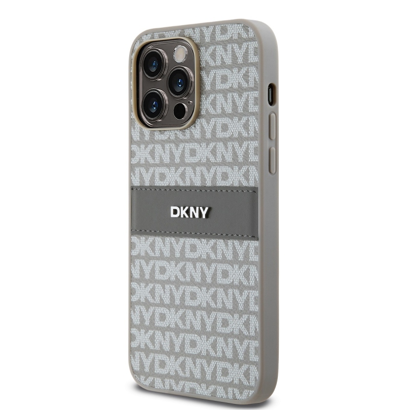 DKNY PU bőr ismétlődő mintás tonális csíkos hátlapi borító iPhone 14 Pro bézs színűhöz