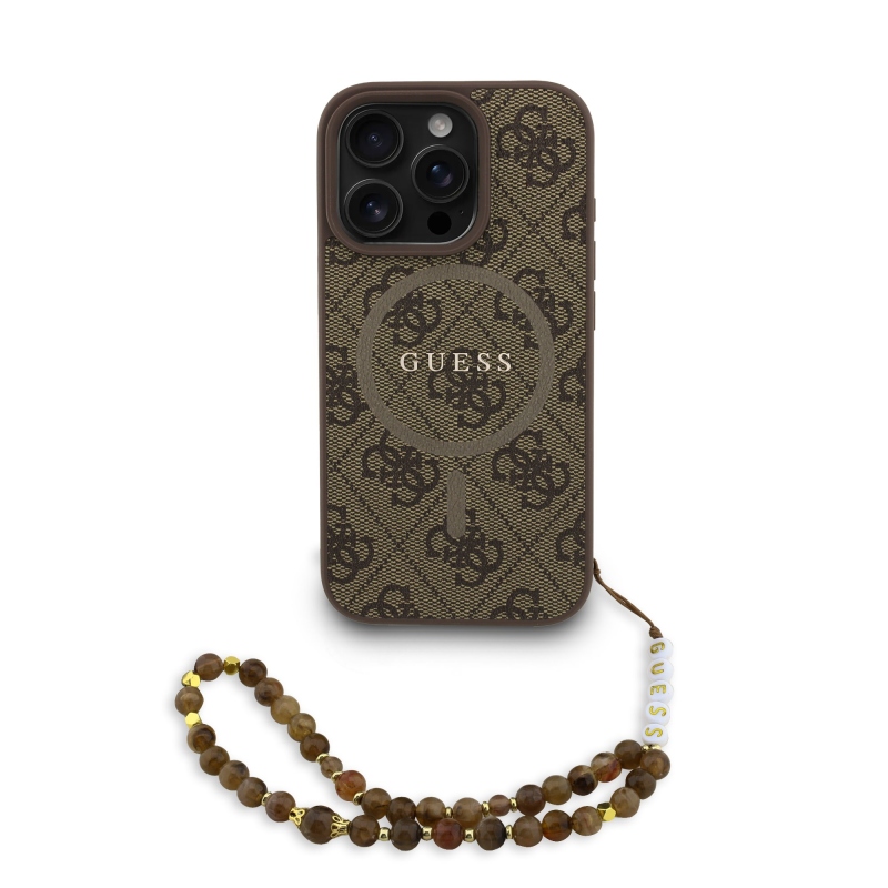 Guess PU bőr 4G színes gyűrűs pánt MagSafe hátsó borító iPhone 16 Pro Max-hoz barna barna