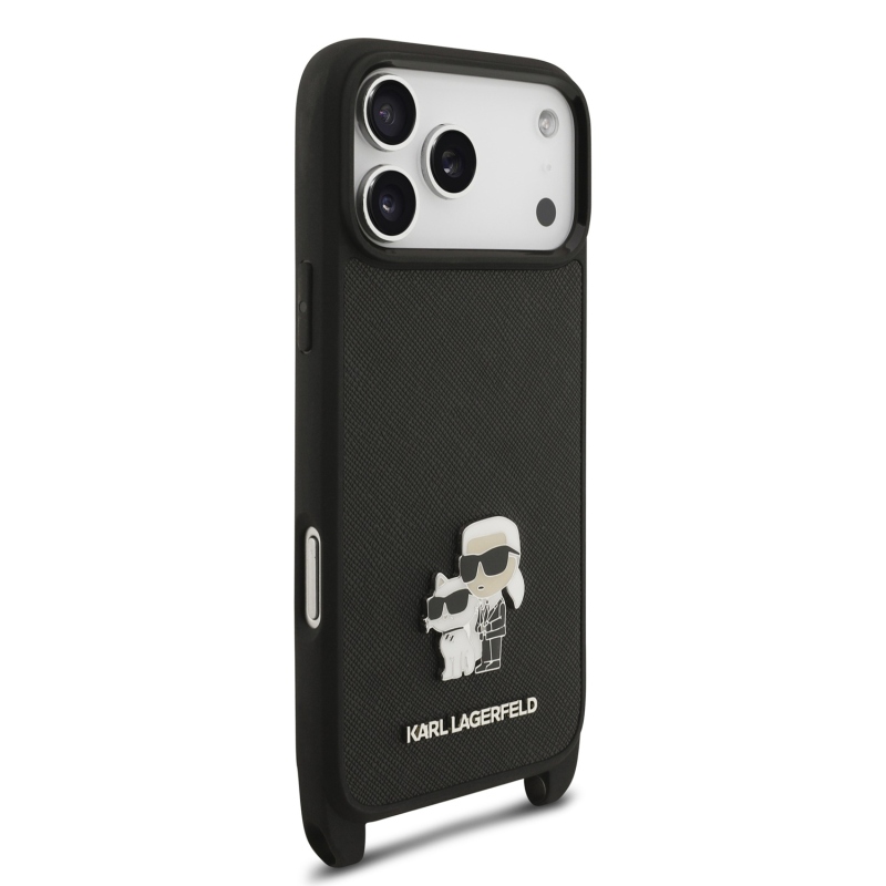 Karl Lagerfeld Saffiano kereszt vállpántos, fém Karl és Choupette hátsó tok iPhone 18 Pro-hoz, fekete