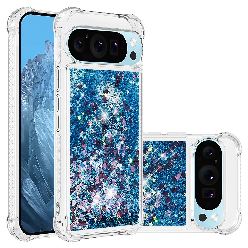 Csillogó homokóra zselés tok Google Pixel 10 Pro/Pixel 10 - kék/szív