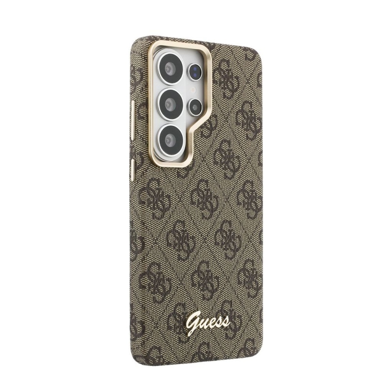 Guess PU 4G Script Metal Logo mágneses hátlap Samsung Galaxy S26 Ultra Brown mágneses hátlap Samsung Galaxy S26 Ultra Barna