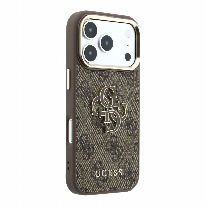 Guess PU 4G műgyanta-fém logós hátsó burkolat iPhone 18 Pro-hoz, barna