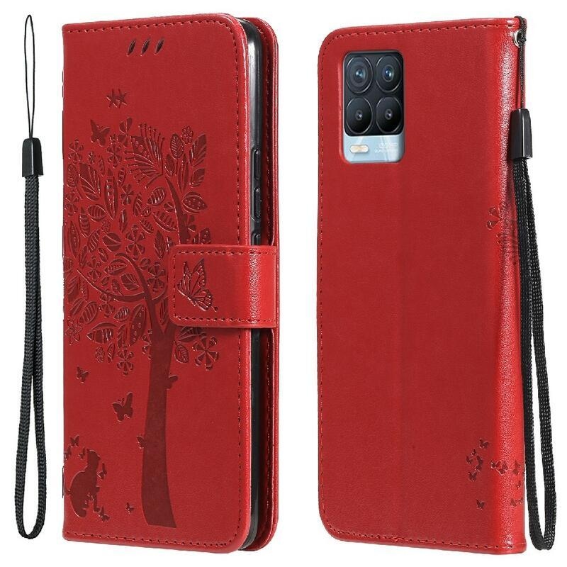 Fa PU bőr pénztárca tok a Realme 8 4G/8 Pro-hoz - piros