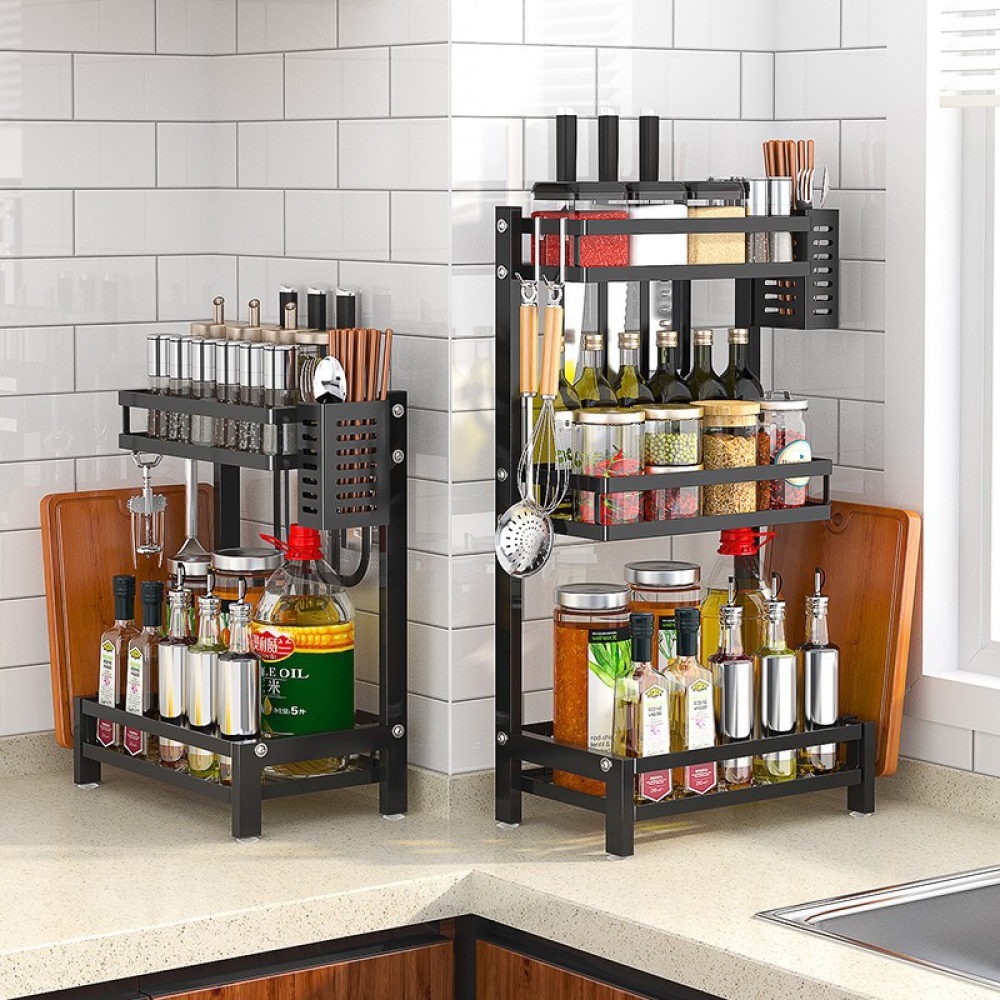 Háromszintes fűszer- és késtartó szénacélból - fekete