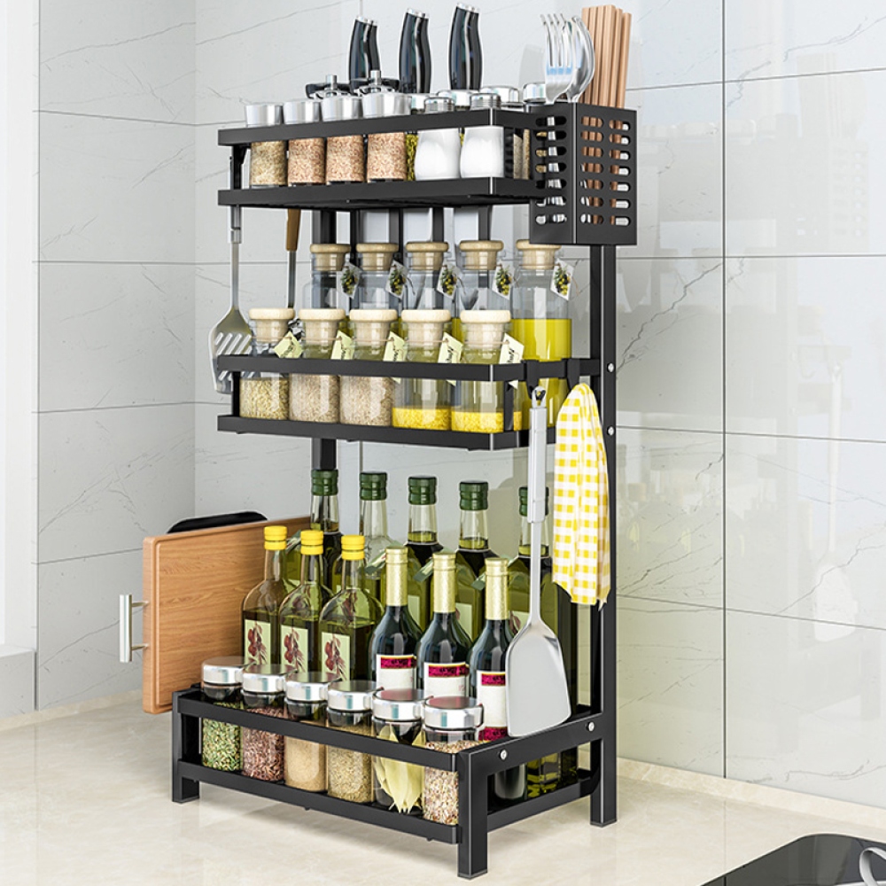 Háromszintes fűszer- és késtartó szénacélból - fekete