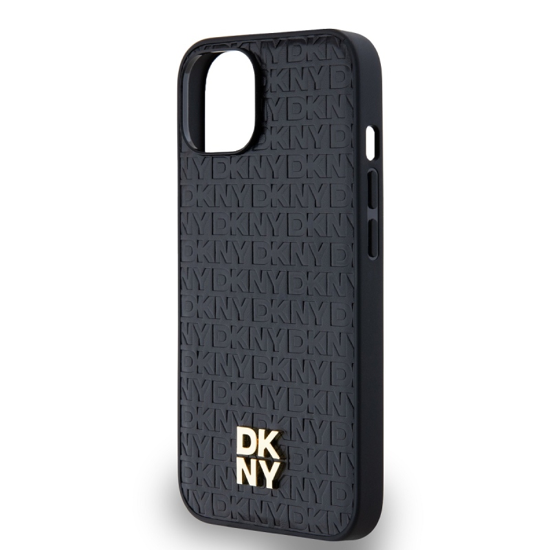 DKNY PU bőr Ismétlődő mintás Stack Logo Magsafe hátlap iPhone 15 Fekete