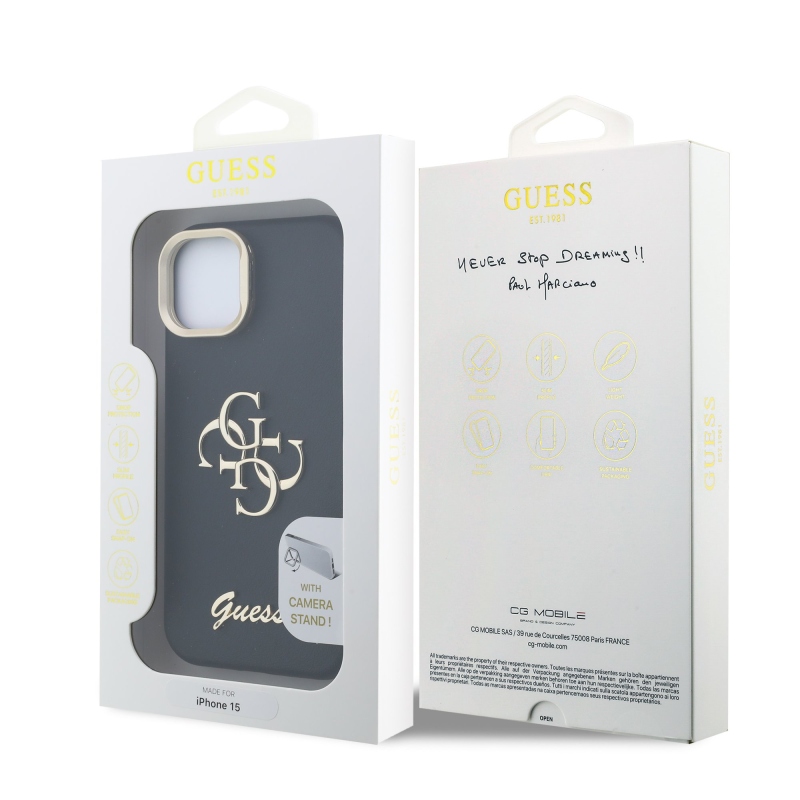 Guess PU szemcsés 4G Logo Stand Kamera keret hátlapi borító iPhone 15 Fekete