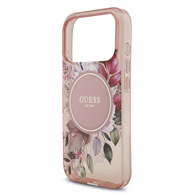 Guess IML Flowers Strap MagSafe hátlapi borító iPhone 17 Pro rózsaszínhez