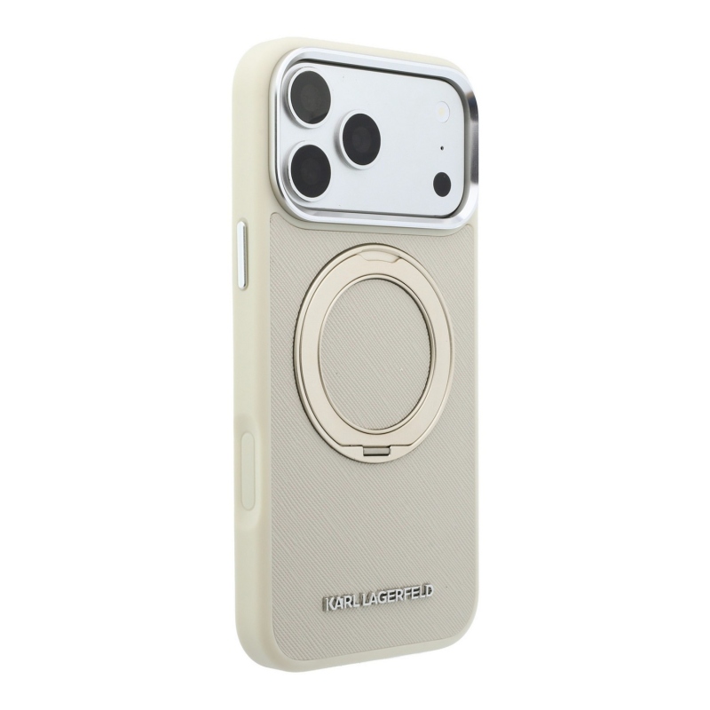 Karl Lagerfeld PU Saffiano gyűrűs állványos MagSafe hátsó tok iPhone 18 Pro-hoz, bézs színben