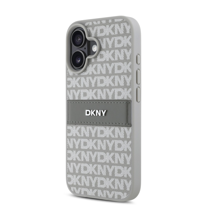 DKNY PU bőr ismétlődő mintás tonális csíkos hátlapi borító iPhone 16 bézs színűre