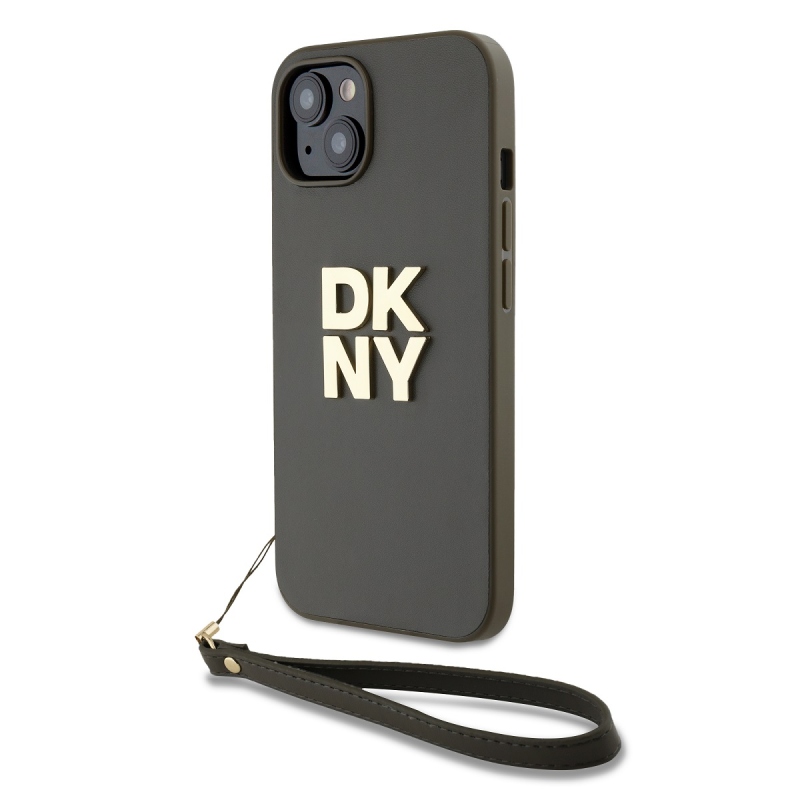 DKNY PU bőr Stack Logo csuklópánt hátlapi borító iPhone 15-hez Barna