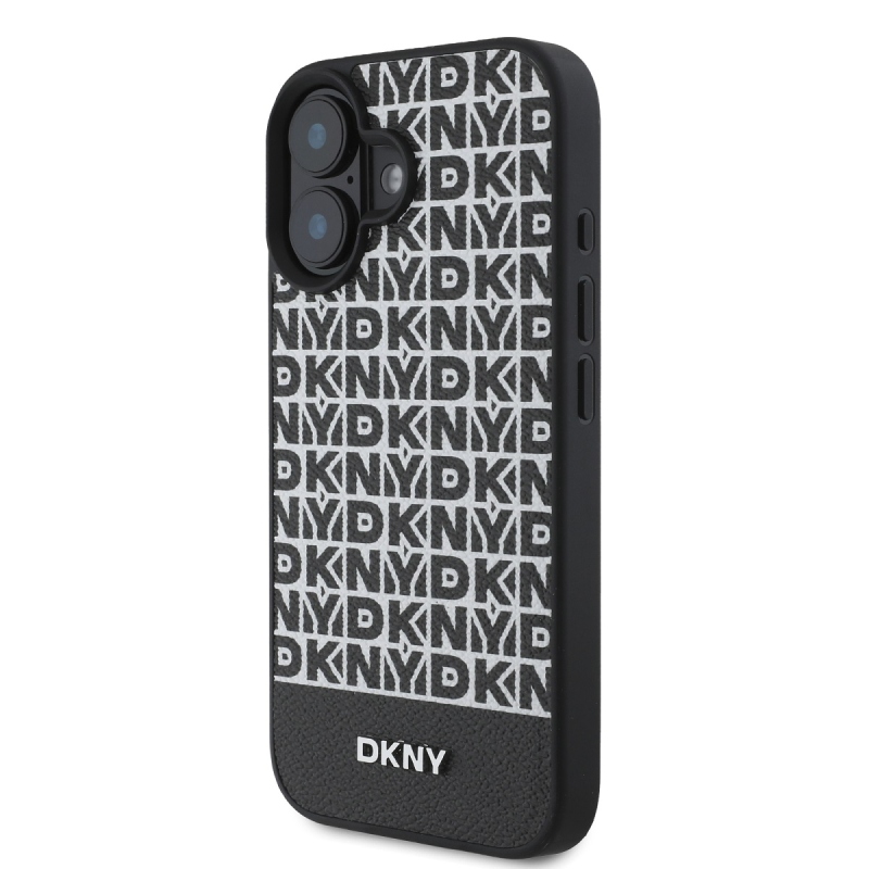 DKNY PU bőr ismétlődő mintás alsó csíkos MagSafe hátlap iPhone 16 Plus-hoz Fekete
