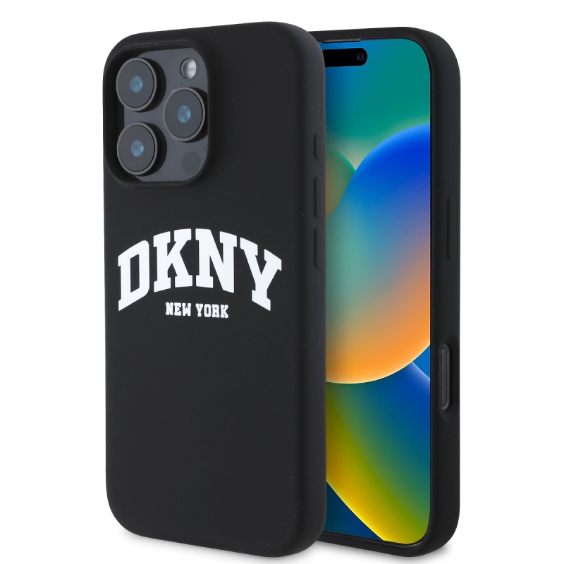 DKNY Liquid Silicone Arch Logo MagSafe hátlap iPhone 16 Pro Max-hoz fekete