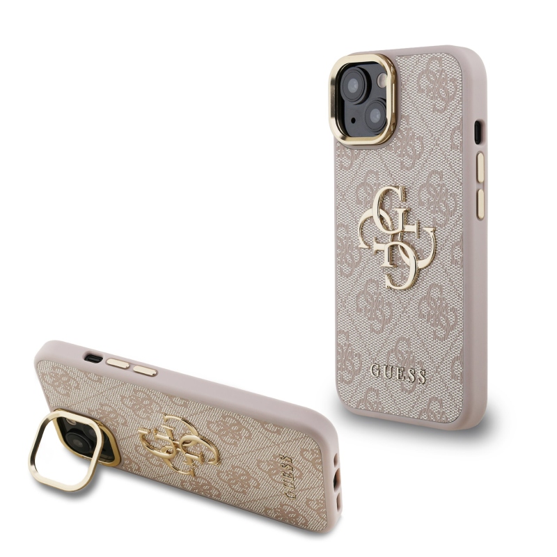 Guess PU 4G fém logó állvány kamera keret hátlap iPhone 15 rózsaszín