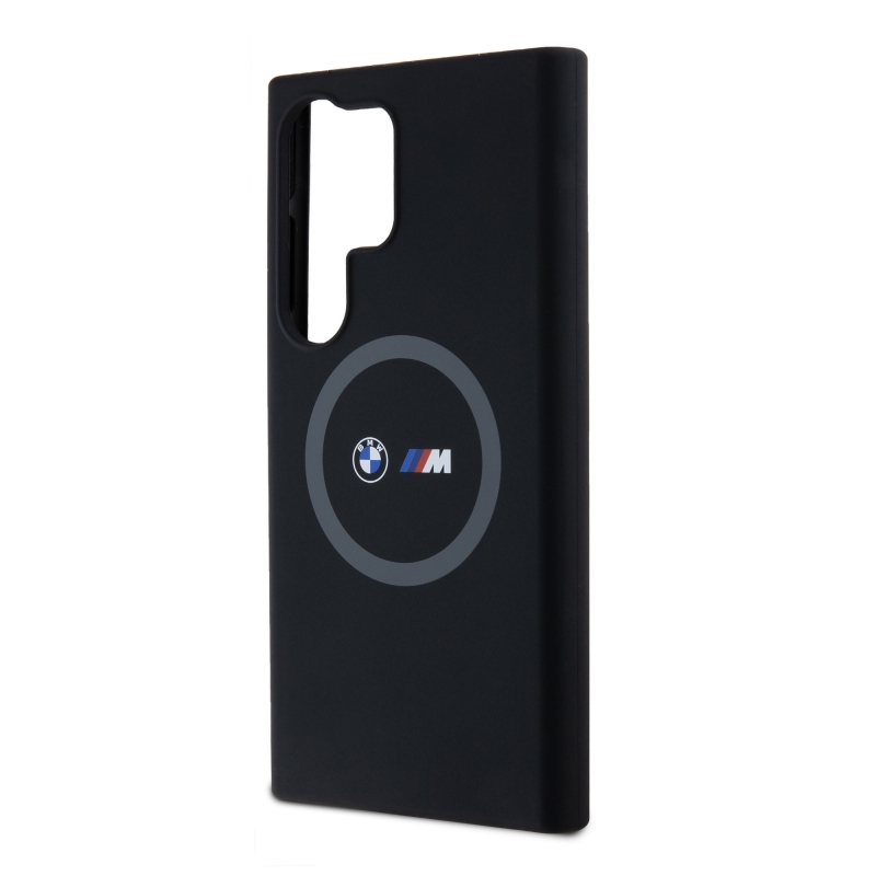 BMW M nyomtatott kerek és logó Magsafe szilikon borító Samsung Galaxy S24 Ultra fekete